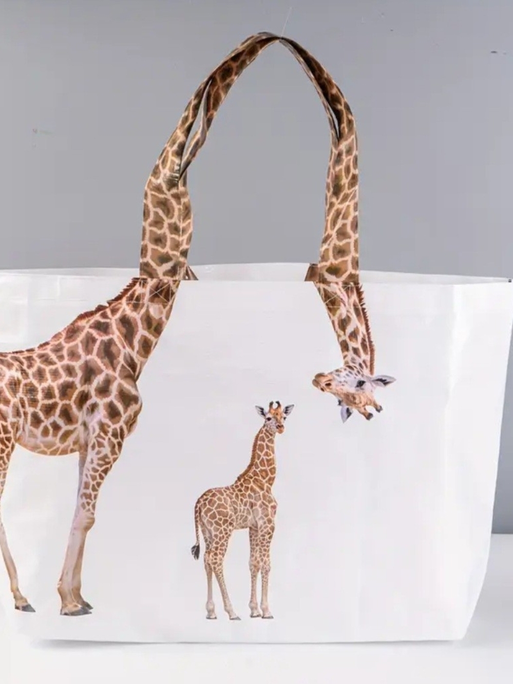 Giraffe Print Large Tote Bag in White Brown Sturdy Plastic Feel Material 23"